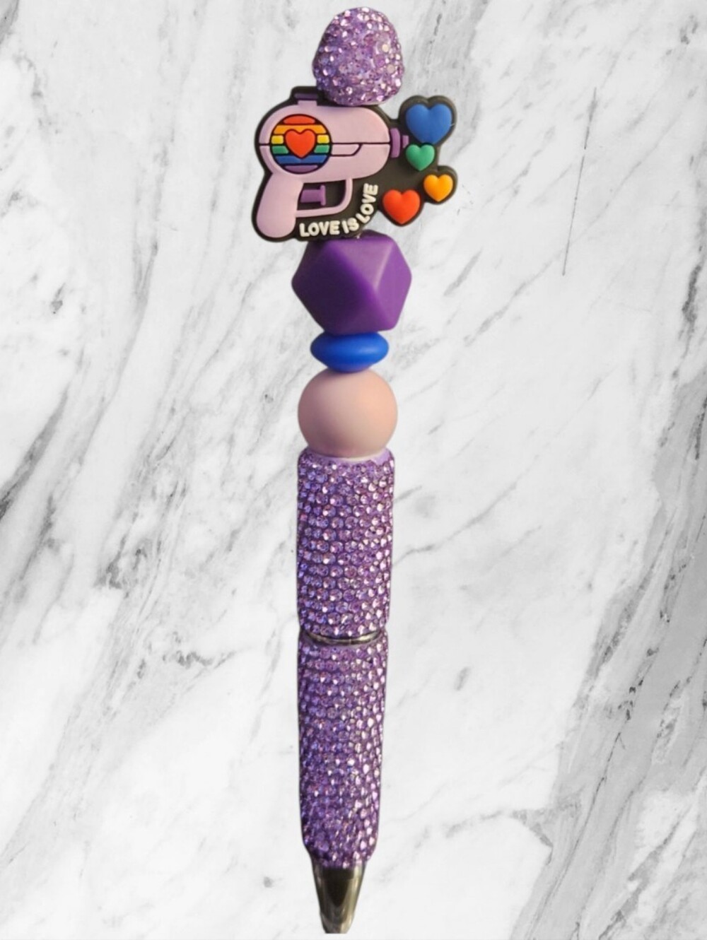 Purple Beaded Pen with Rainbow Heart Charm